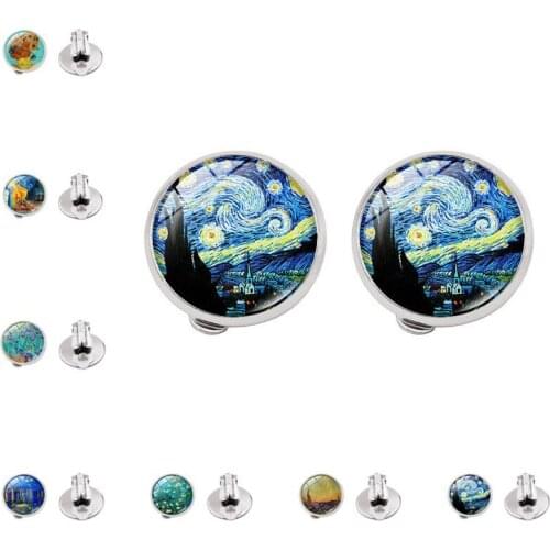 Fashion Silver Color Simple Style Clip on Hoop Earrings Van Gogh Famous Artist Starry Night Ear Clips for Women Jewelry Gift
