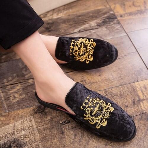 Luxury royal style men mules slippers velvet handmade embroidery bee pattern exotic designer loafers fashion brand casual shoes