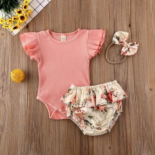 0-24M Summer Baby Clothing Newborn Infant Girl Ruffled Ribbed Romper Floral Shorts Headband 3Pcs Outfits Set Fashion Casual Suit