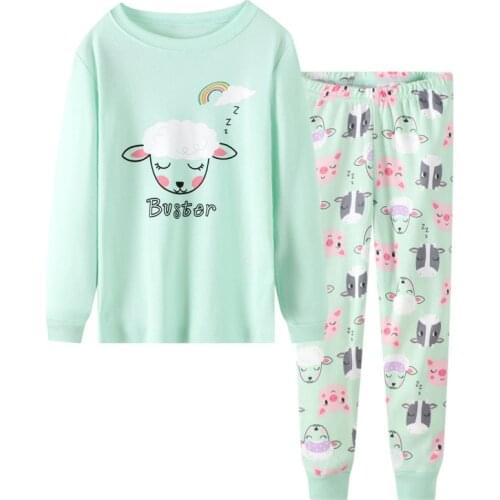New Spring Autumn Kids O-neck Brand Light Green Sheep Printed Cartoon Cotton Knitted Girls Pant Casual Full-sleeved Sets Pajama