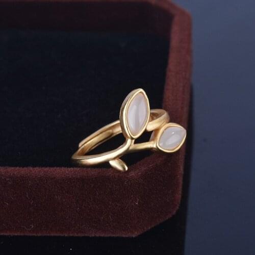 New Temperament Silver Imitation Ancient Old Gold Inlaid Khotan Jade Gold-plated Adjustable White Jade Ring For Women Jewelry