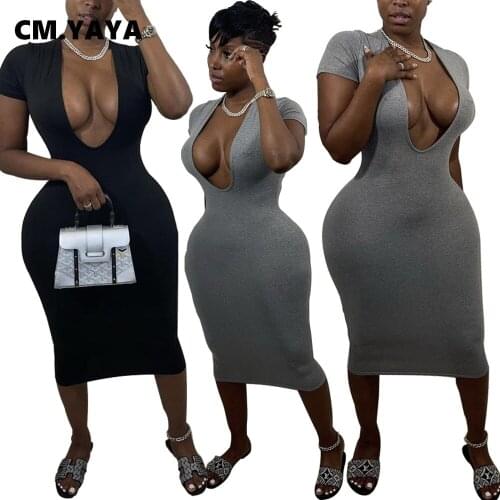 CM.YAYA Women Short Sleeve Deep V-neck basic Bodycon Midi Dress for Sexy Night Party Casual Fahion Pneicl Dresses