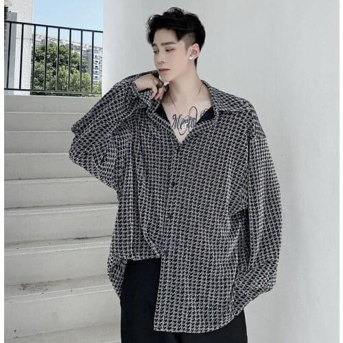 Autumn Plaid Bright Silk Shirt Mens Fashion Nightclub Style Stage Dress Long Sleeve Shirts Male Harajuku Vintage Tops Shirts