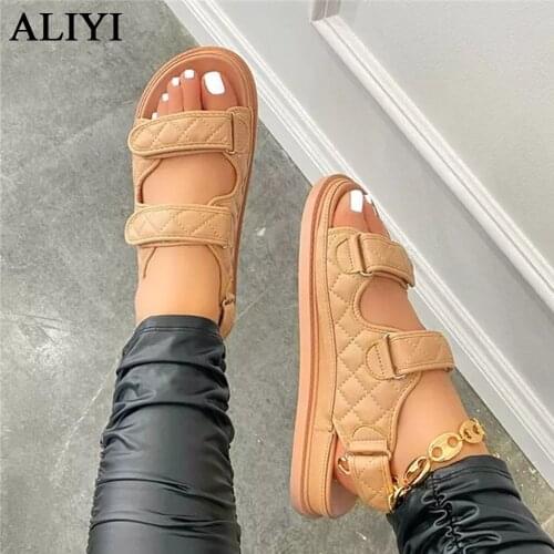 Women Fashion Sandals 2021 Summer New Hook&Loop Ladies Comfoprtable Flat Casual Shoes 36-43 Large-Sized Female Beach Sandals