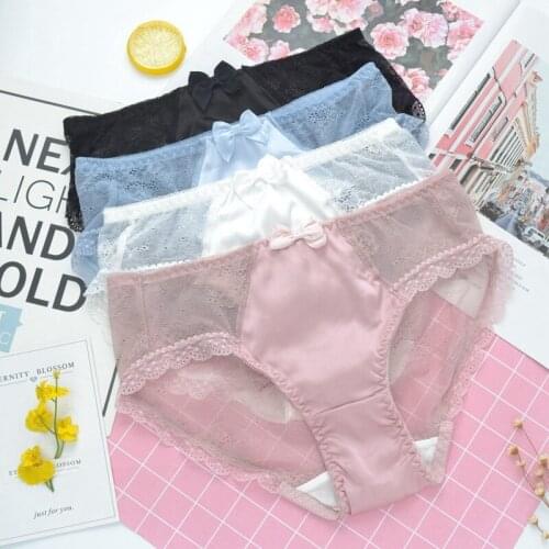 Sexy Lace Women Underwear Hollow Transparent Breathable Middle Waist Female Panties Ruffle Bow Cute Lovely Sweet Girl Breifs