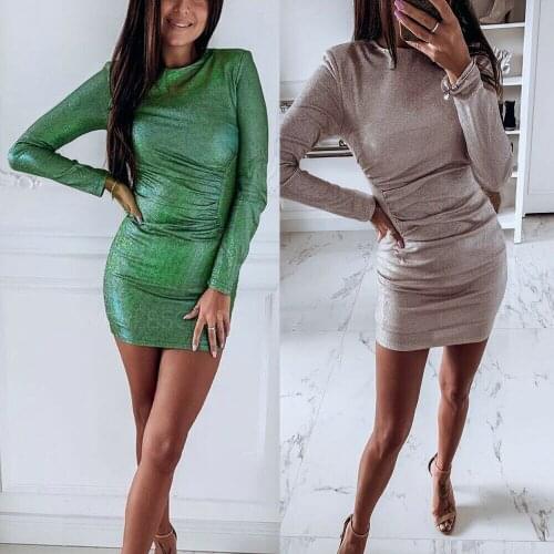 Sexy Womens Long Sleeve Bodycon Mini Dress Round Neck Party Evening Club Mini Dress Size S-XL