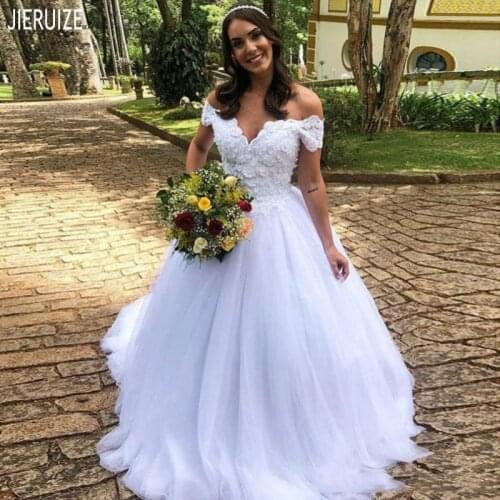 JIERUIZE Modern Off Shoulder Wedding Dresses V Neck Appliques Ball Gown Wedding Gowns Lace Up Back Bridal Gowns vestido de noiva