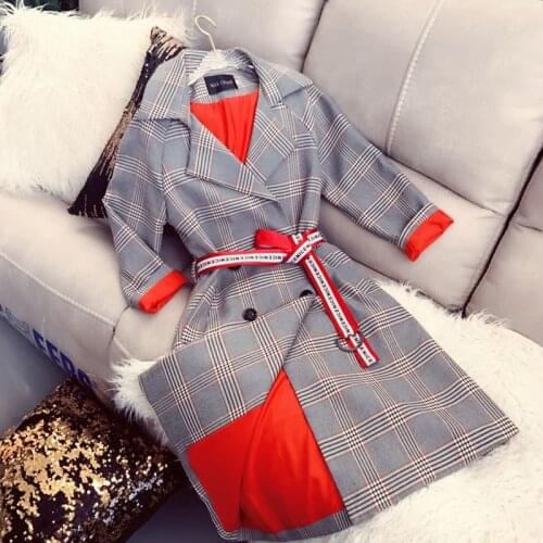 Plaid Trench Coats Women 2019 Fashion Medium-long Long Sleeve Vintage Outerwear Office Lady Turn-down Collar Women Windbreaker