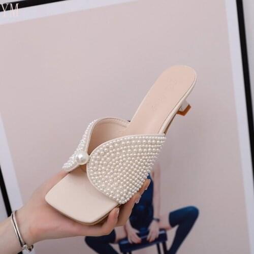 Outdoor Fashion Brand Square Head Peep Toe Low Thin Heel Women Sandal Slides Summer Mule Elegant Pearl Sadalias Femininas 35-39