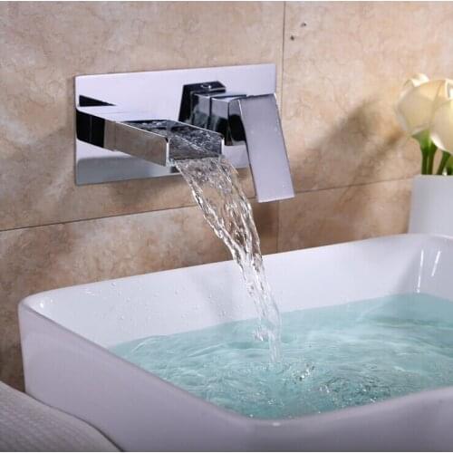 Top high quality chrome brass single lever square wall mounted Hot and Cold bathroom sink waterfall faucet basin tap