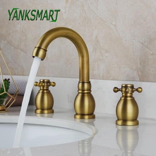 YANKSMART Style Basin Faucet Antique Brass 3 Hole Bathroom Faucets Set Deck Mounted Cold And Hot Water Vintage Sink Mixer Tap