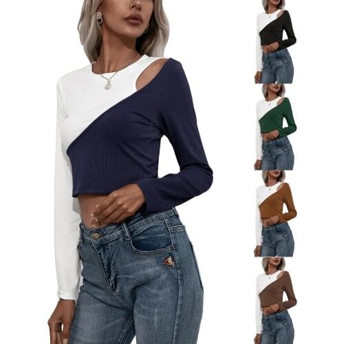 Women Autumn Polyester Cutout Crop Tops Adults Slim-fit Color Block Long Sleeve Round Neck Pullover T-shirts