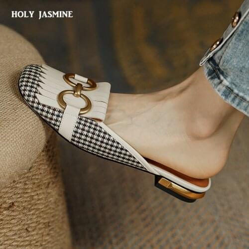 2021 New Women Patchwork Slippers Genuine Leather High Heel Muels Slippers Sqaure Toe Mules Ladies Casual Summer Shoes Slippers