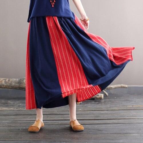 Women Patchwork Cotton Linen Skirts Ladies Elastic Waist Skirt Female 2021 Summer Autumn Skirts