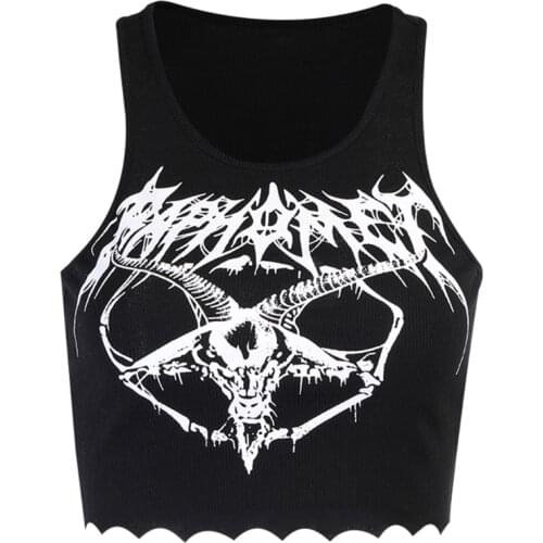 Women Gothic Punk Sleeveless Skinny Crop Top Goth Grunge Goat Print Black Camisole Harajuku Ribbed Knit Slim Vest Shirt