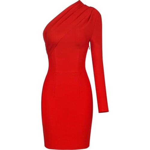2021 Autumn Winter Bandage Dress For Women One Shoulder Bodycon Sexy Party Evening Elegant Red New Clothes