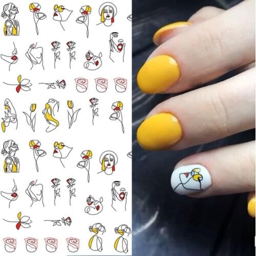1 sheet Abstract Figure 3D Nail Stickers Black Line Woman Design Nail Sticker Rose Adhesive Stickers Nail Art Tattoo Decoration