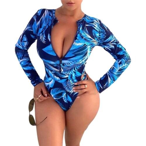 2021 Sexy Women’s One-piece Bikini Plant Printing Zipper Round Neck Long-sleeved Tight Swimsuit Swimwear Women One Piece Bikini