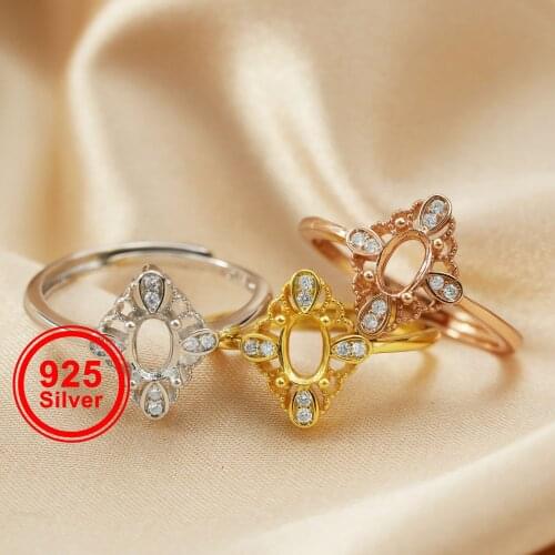 4x6MM Oval Prong Ring Settings Antiqued Style Solid 925 Sterling Silver Rose Gold Plated DIY Adjustable Ring Bezel 1224067
