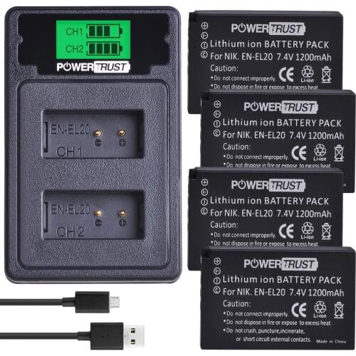 4pcs EN-EL20 EN-EL20A Camera Battery+LCD USB Dual Charger with Type C Port for Nikon Coolpix P1000 Nikon1 J1, J2, J3 Nikon1 AW1