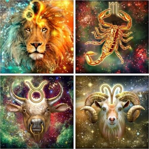 Huacan Diamond Art Painting Animals Lion Fantasy Home Decor Diamond Embroidery Mosaic 12 Constellations Wall Stickers