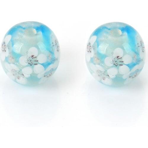 DoreenBeads Lampwork Glass Japanese Style Beads Round Light Blue Colorful Flower Beads About 16mm x 16mm, Hole: Approx 3mm, 1 PC