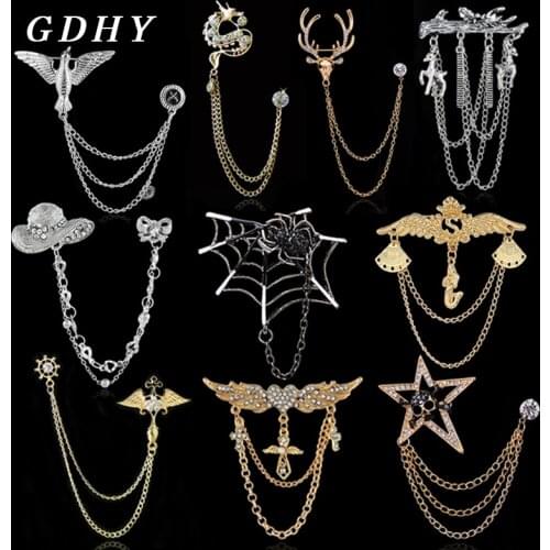 GDHY Fashion Chain Brooch Hat Angel wings Loong Spider Mermaid Cross Taunt birds Stars Moon Blue Eye Elk Pearl Rhine stone Badge