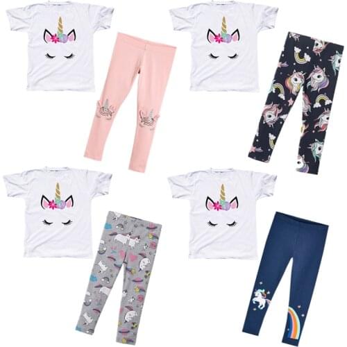 Girls Summer Clothes Set Unicorn Short Sleeve T-shirt+Pants 2PCS Outfits Kids Cartoon Print Cotton Leggings Children Clothing