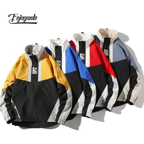 FOJAGANTO Mens Autumn New Jacket Tide Brand Color Matching Printing Stand Collar Coat Loose Casual Fashionable Jacket Male