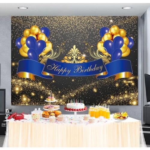 Laeacco Gold Black Balloons Ribbon Happy Birthday Celebration Party Photography Backdrops Customized Photo Background Banner