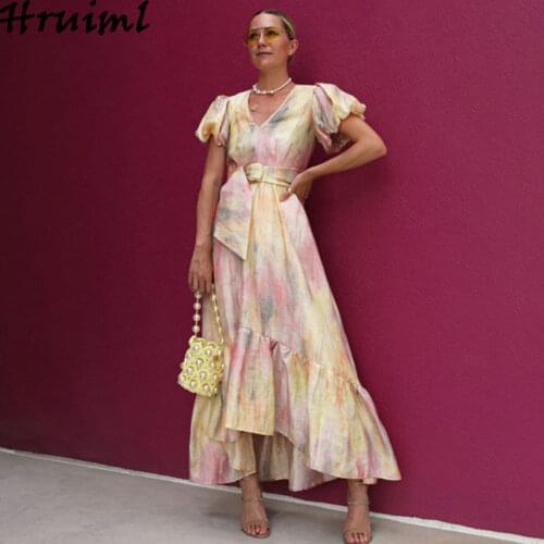 Dress Summer Short Sleeve V-Neck Print Boho Dress Bandage Irregular Hem Casual Women Dress Party Elegant Vestido De Mulher