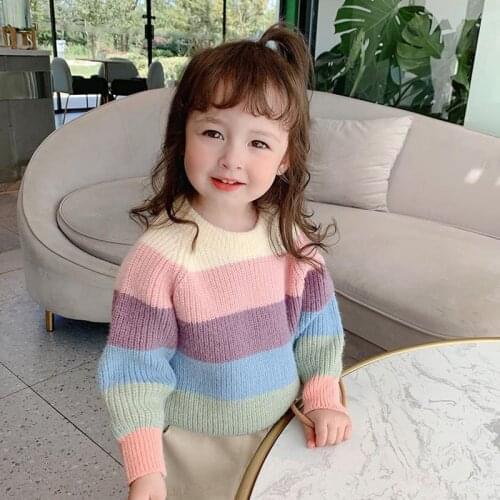 Cute Winter Warm Rainbow Knitting Girls Sweaters 2021 Fashion High Quality Baby Kids Toddler Teens Tops Children Clothes