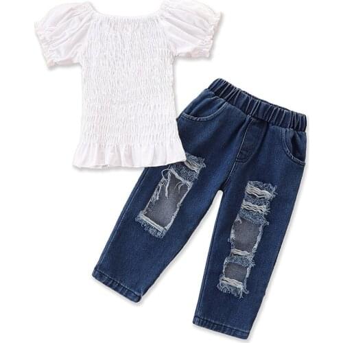 2021 1-6Y Summer Kids Baby Girl Clothing Set Fashion New Off Shoulder Puff Short Sleeve White Blouse Top+Holes Denim Long Pants