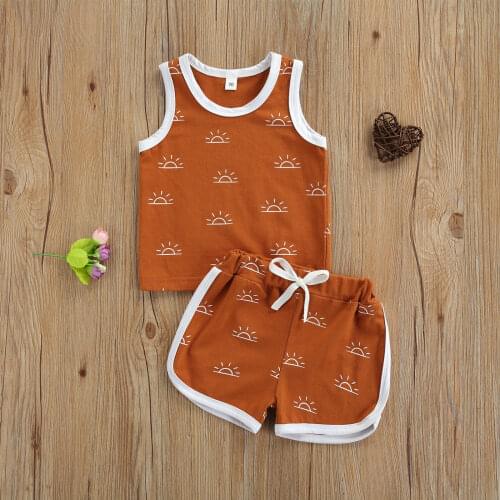 Fashion Summer New 2Pcs Toddler Baby Outfits Suit Cute Sun Print Sleeveless Tops + Short Pants Set Cotton 2021 Boys Clothes Set