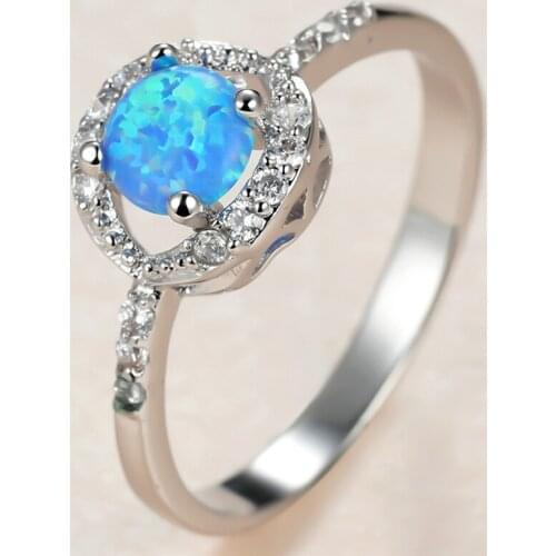 Trendy Female Blue Opal Stone Ring Charm Silver Color Thin Wedding Rings For Women Vintage Bride Crystal Round Engagement Ring