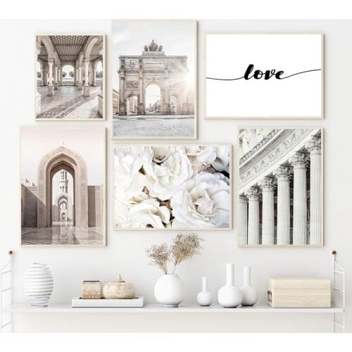 White Islamic Building Gallery Door Peony Wall Art Canvas Painting Nordic Posters And Prints Wall Pictures For Living Room Decor