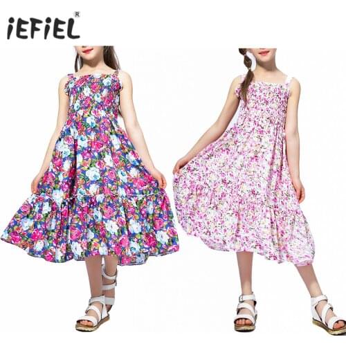 New Girls Dresses Kids Summer Sleeveless Straps Princess Dress For Girls Flower Print Party Beach Dress Children Casual Sundress