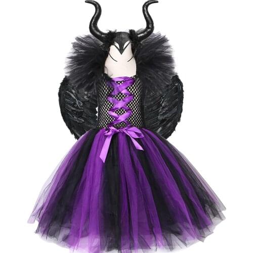 Evil Queen Tutu Dress Maleficent Witch Cosplay Costume Devil Horn Wing Sleeping Beauty Dresses Kids Party Dress Children Clothes