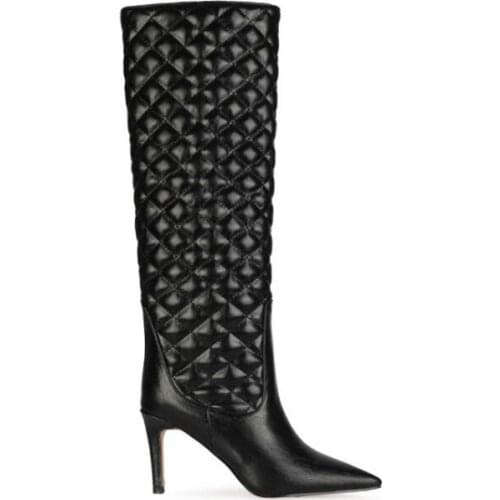 Moraima Snc Pointed Toe High Heel Shoes Woman Sexy Thin heels Knee High Boots Black Leather Long Boots