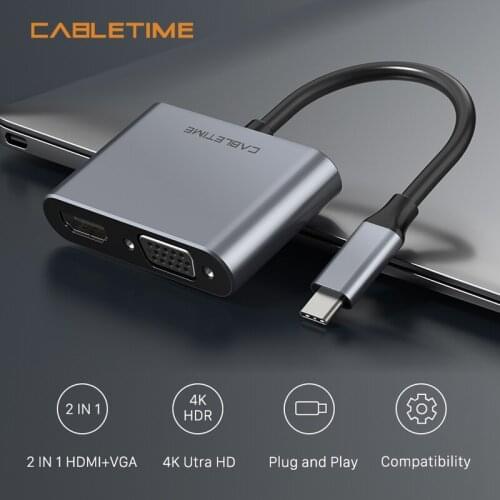 CABLETIME 2 in 1 USB C HUB Type C to HDMI 4K VGA 1080P Adapter USB 3.1 for Samsung Galaxy S9/S8/Note 9 Huawei Mate 20 N129