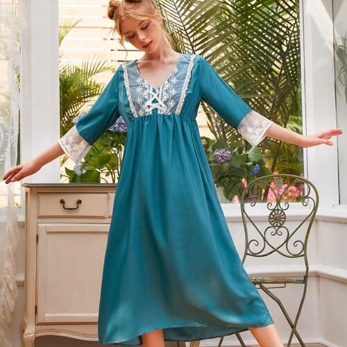 Spring/Summer 2021 Vintage Court Sexy Lace V-Neck Nightgowns Women Pajama Skirt Solid-Color Knitted Cotton Long Home Clothes