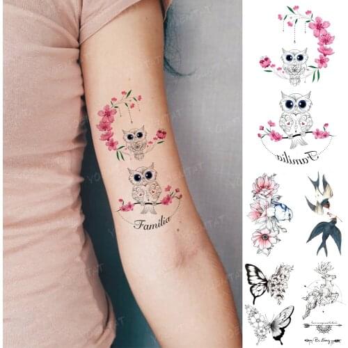Waterproof Temporary Tattoo Sticker Pink Heart-Shaped Peach Blossom Owl Tatoo Butterfly Bird Body Art Fake Tato Man Woman Lovers