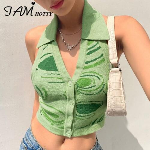 Y2k Paisley Printed Button-up Knitted Halter Sweater Vest Women Sexy Backless Outfit Korean Fashion Streetwear Camisole Iamhotty