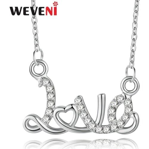 WEVENI Alloy Rhinestone LOVE Letter Pattern Necklace Crystal Pendant Chain Choker Charms Fashion Jewelry For Women Girls Gift