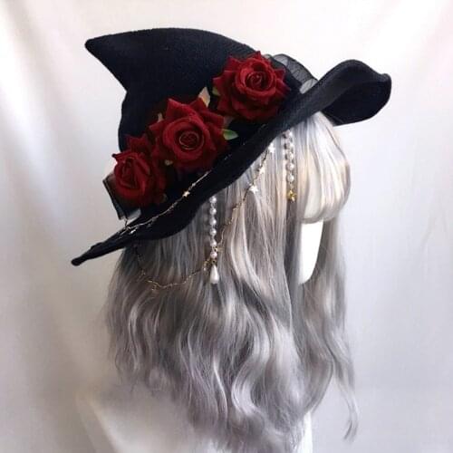 Dark Girl Witch Parade Lolita Velvet Hat Wide Brim Rose Women Sharp Pointed Witch for Halloween Christmas Costume Party