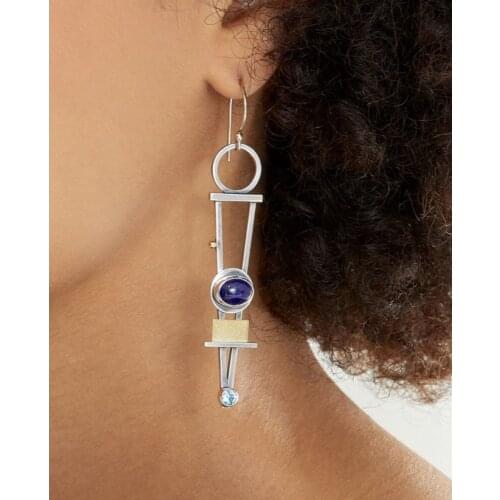 2020 New Green Blue Stone Long Statement Earrings for Women Fashion Openwork Two Color Metal Drop Dangle Earrings Brincos