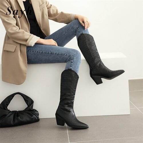 2020 Female Autumn Winter PU Leather Cowboy Mid-Calf Boots Women High Heel Booties Pointy Toe Western Shoes black size plus