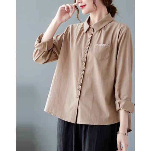 Women Cotton Linen Casual Shirts New Arrival 2021 Autumn Vintage Style Solid Color Loose Female Long Sleeve Elegant Tops B1027