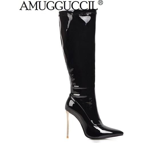 2020 New Plus Big Size 34-48 Black White Red Zip Fashion Sexy Knee High Heel Autumn Winter Girl Ladies Females Women Boots X1860
