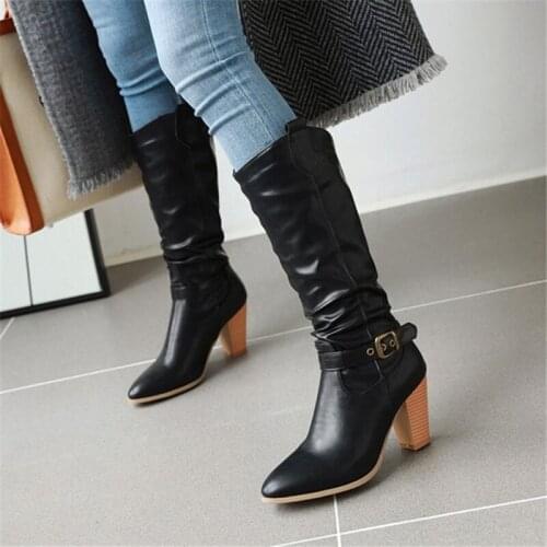 PXELENA 2020 Winter Warm Mid Calf Boots Women Block High Heels Buckle Slip On Western Cowboy Riding Punk Shoes Large Size 34-45